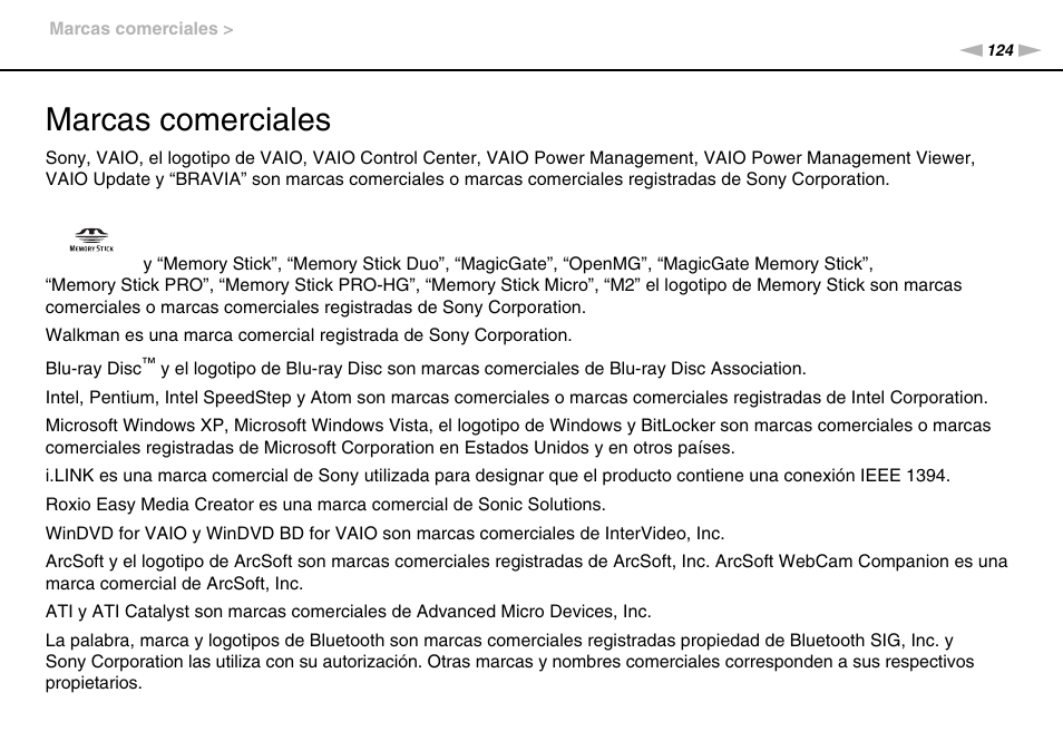 Marcas comerciales | Sony VPCW11S1E User Manual | Page 124 / 127