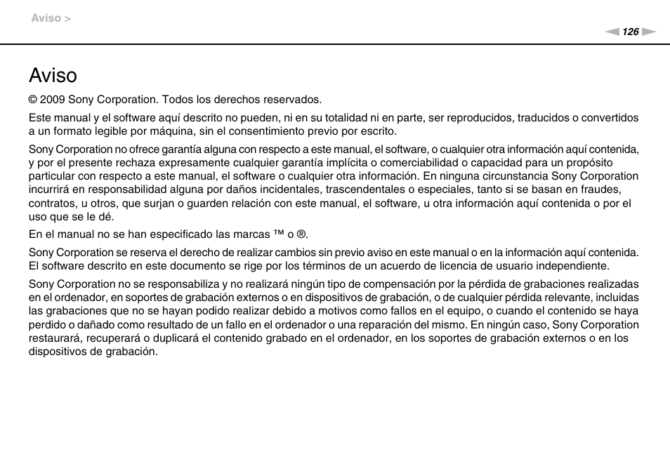 Aviso | Sony VPCW11S1E User Manual | Page 126 / 127