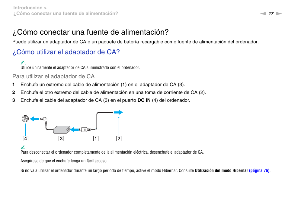 Cómo conectar una fuente de alimentación, Cómo utilizar el adaptador de ca | Sony VPCW11S1E User Manual | Page 17 / 127