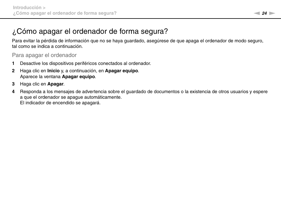 Cómo apagar el ordenador de forma segura | Sony VPCW11S1E User Manual | Page 24 / 127