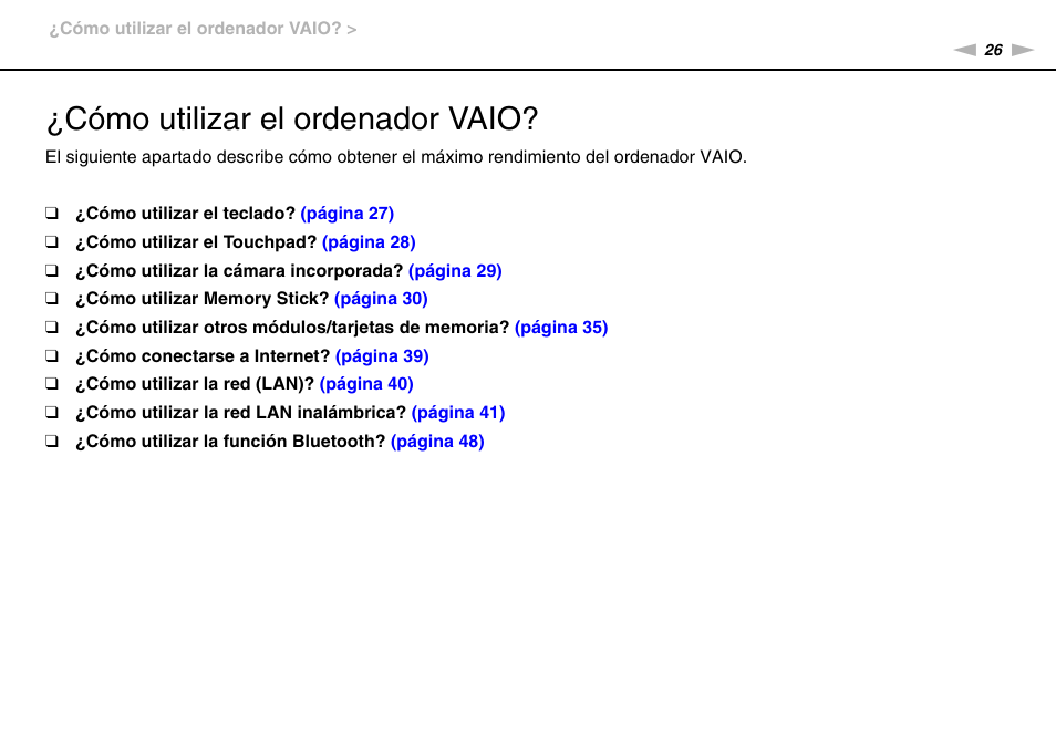 Cómo utilizar el ordenador vaio | Sony VPCW11S1E User Manual | Page 26 / 127