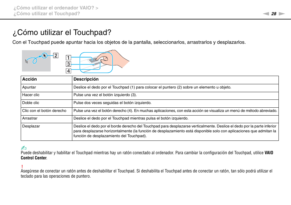 Cómo utilizar el touchpad | Sony VPCW11S1E User Manual | Page 28 / 127