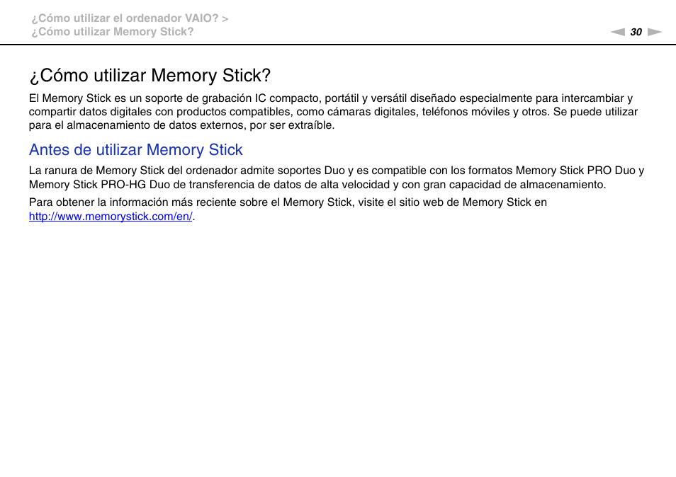 Cómo utilizar memory stick | Sony VPCW11S1E User Manual | Page 30 / 127