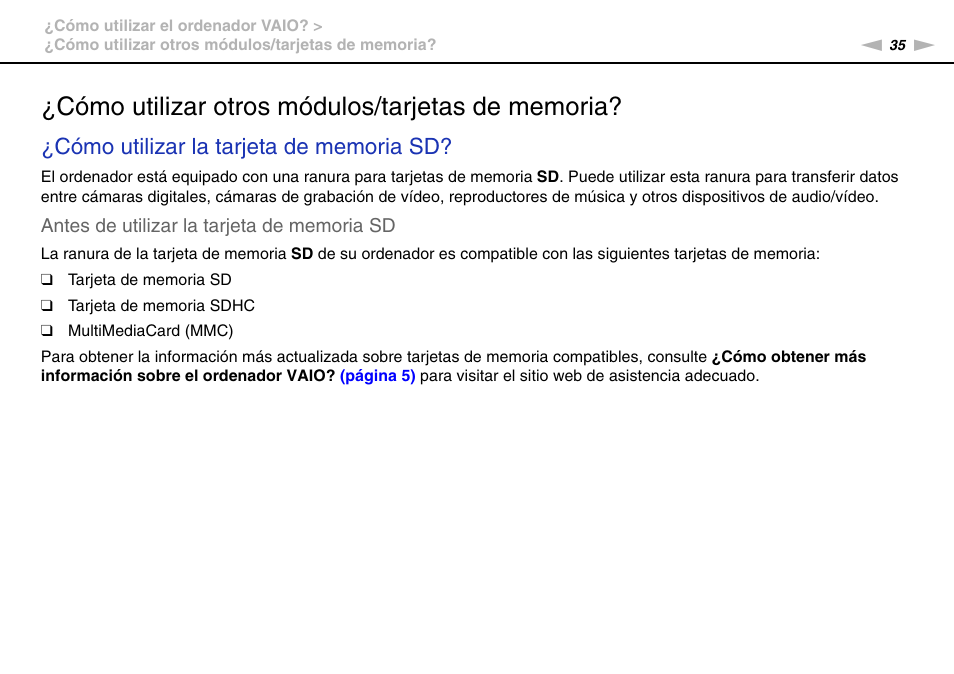 Cómo utilizar otros módulos/tarjetas de memoria | Sony VPCW11S1E User Manual | Page 35 / 127