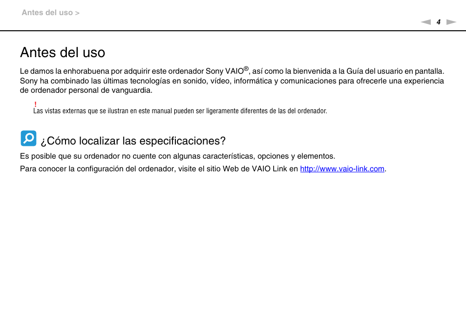 Antes del uso, Cómo localizar las especificaciones | Sony VPCW11S1E User Manual | Page 4 / 127