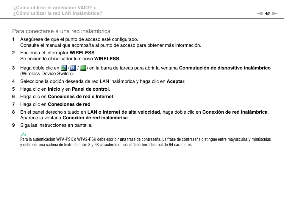 Para conectarse a una red inalámbrica | Sony VPCW11S1E User Manual | Page 46 / 127