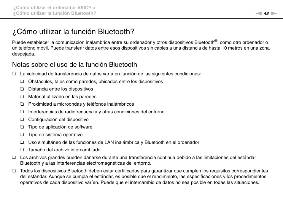 Cómo utilizar la función bluetooth, Notas sobre el uso de la función bluetooth | Sony VPCW11S1E User Manual | Page 48 / 127