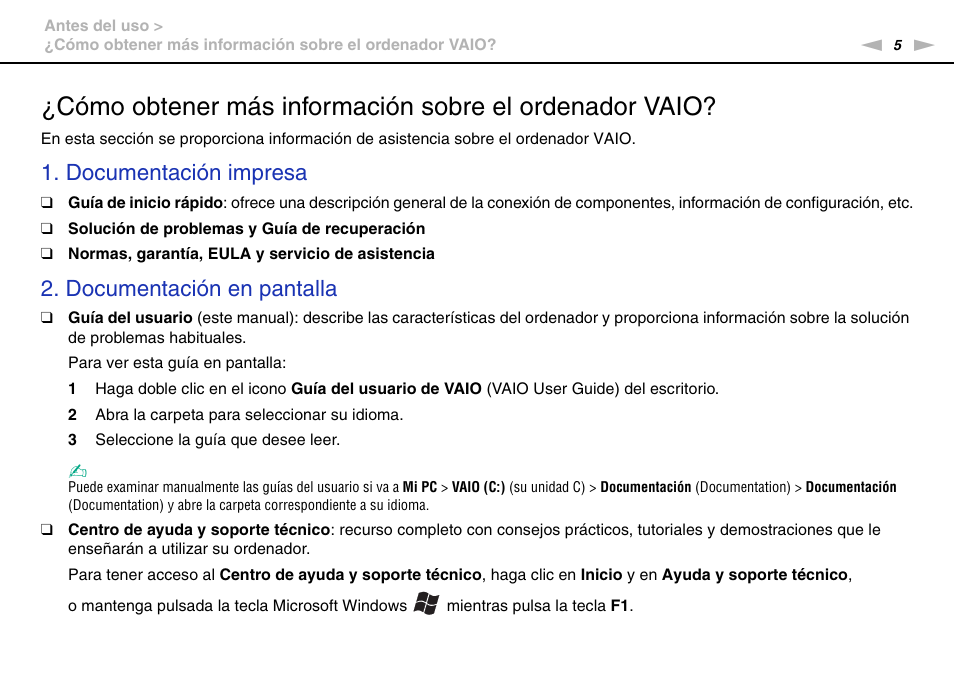 Documentación impresa, Documentación en pantalla | Sony VPCW11S1E User Manual | Page 5 / 127