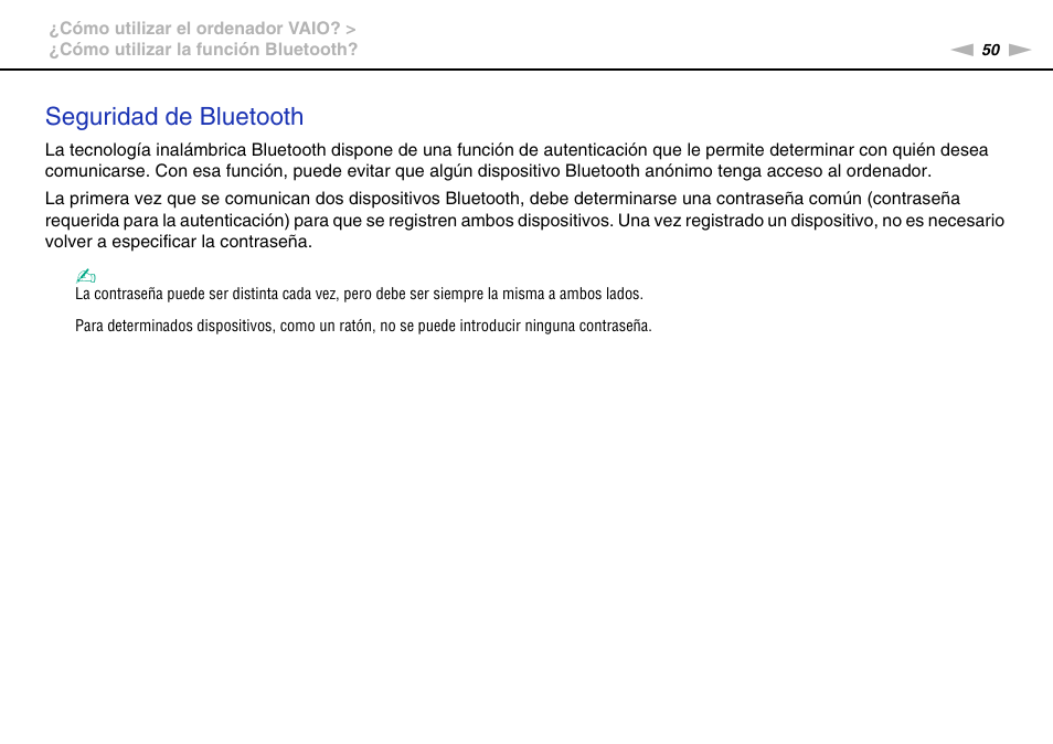 Seguridad de bluetooth | Sony VPCW11S1E User Manual | Page 50 / 127