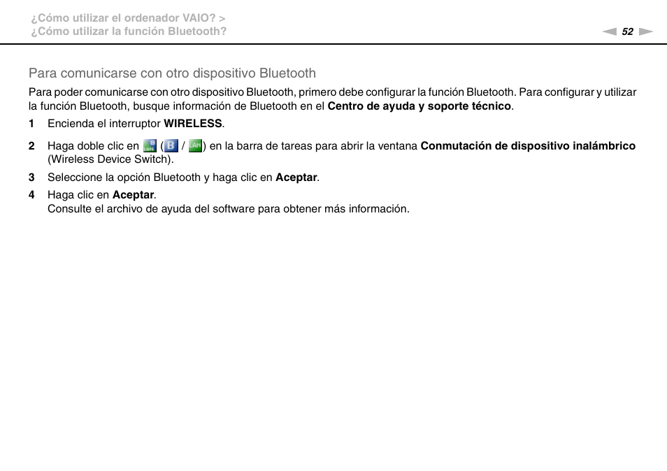 Para comunicarse con otro dispositivo bluetooth | Sony VPCW11S1E User Manual | Page 52 / 127