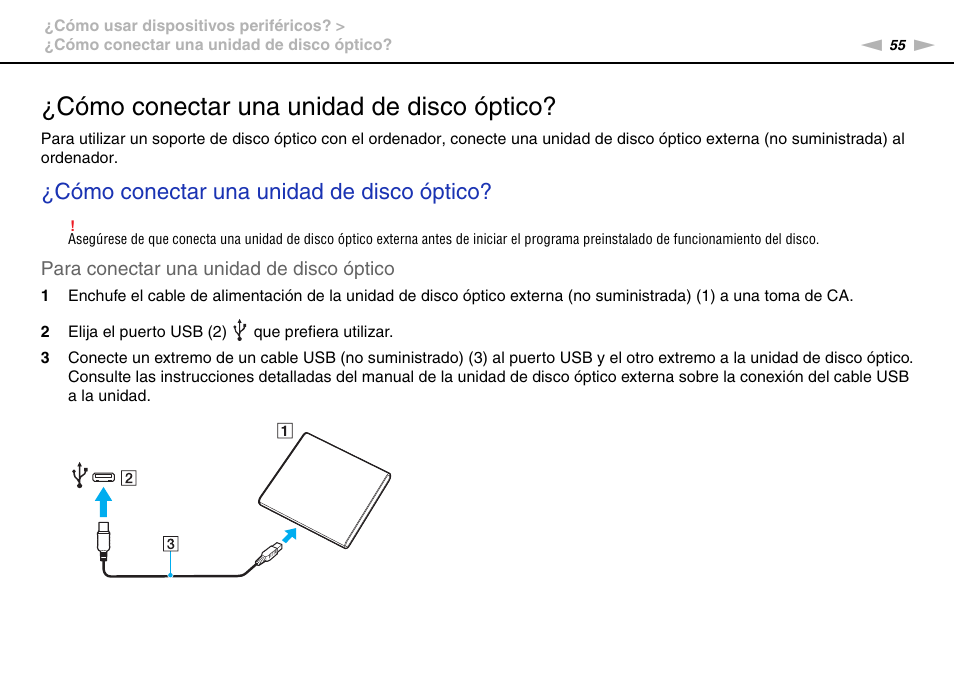 Cómo conectar una unidad de disco óptico | Sony VPCW11S1E User Manual | Page 55 / 127