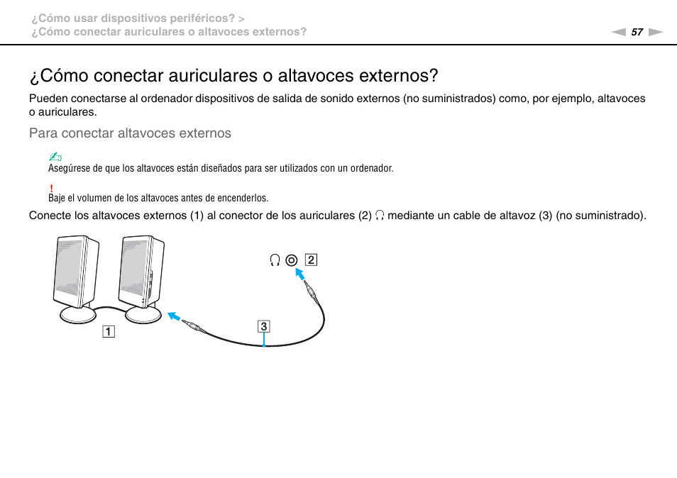 Cómo conectar auriculares o altavoces externos | Sony VPCW11S1E User Manual | Page 57 / 127