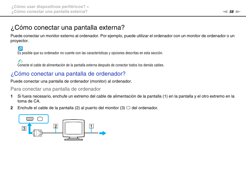Cómo conectar una pantalla externa, Cómo conectar una pantalla de ordenador | Sony VPCW11S1E User Manual | Page 58 / 127