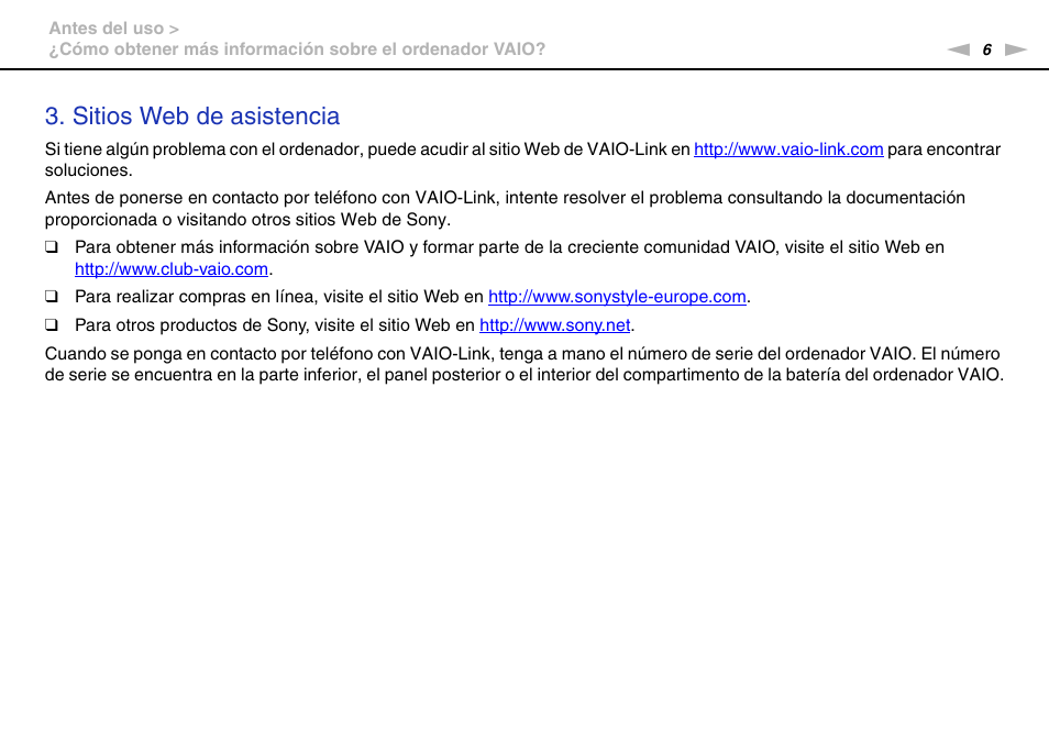 Sitios web de asistencia | Sony VPCW11S1E User Manual | Page 6 / 127