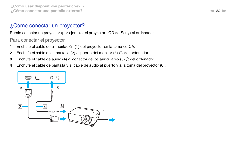 Cómo conectar un proyector, Para conectar el proyector | Sony VPCW11S1E User Manual | Page 60 / 127