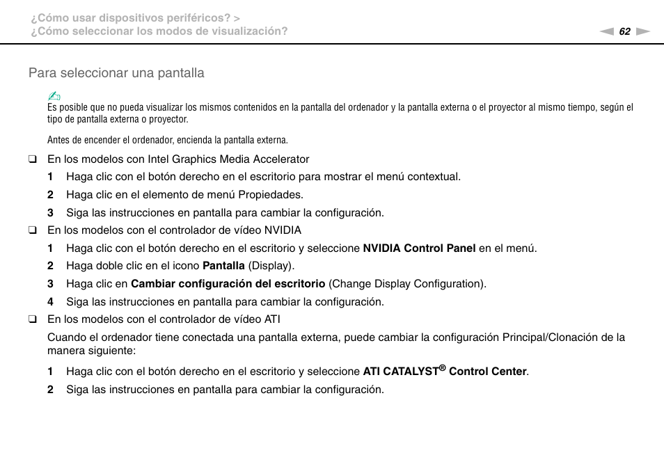 Para seleccionar una pantalla | Sony VPCW11S1E User Manual | Page 62 / 127