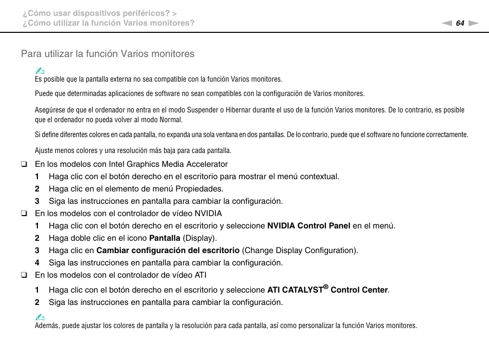 Para utilizar la función varios monitores | Sony VPCW11S1E User Manual | Page 64 / 127