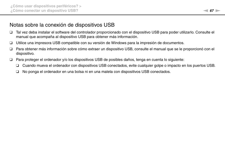 Notas sobre la conexión de dispositivos usb | Sony VPCW11S1E User Manual | Page 67 / 127