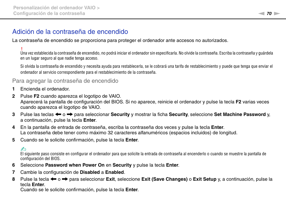 Adición de la contraseña de encendido, Para agregar la contraseña de encendido | Sony VPCW11S1E User Manual | Page 70 / 127