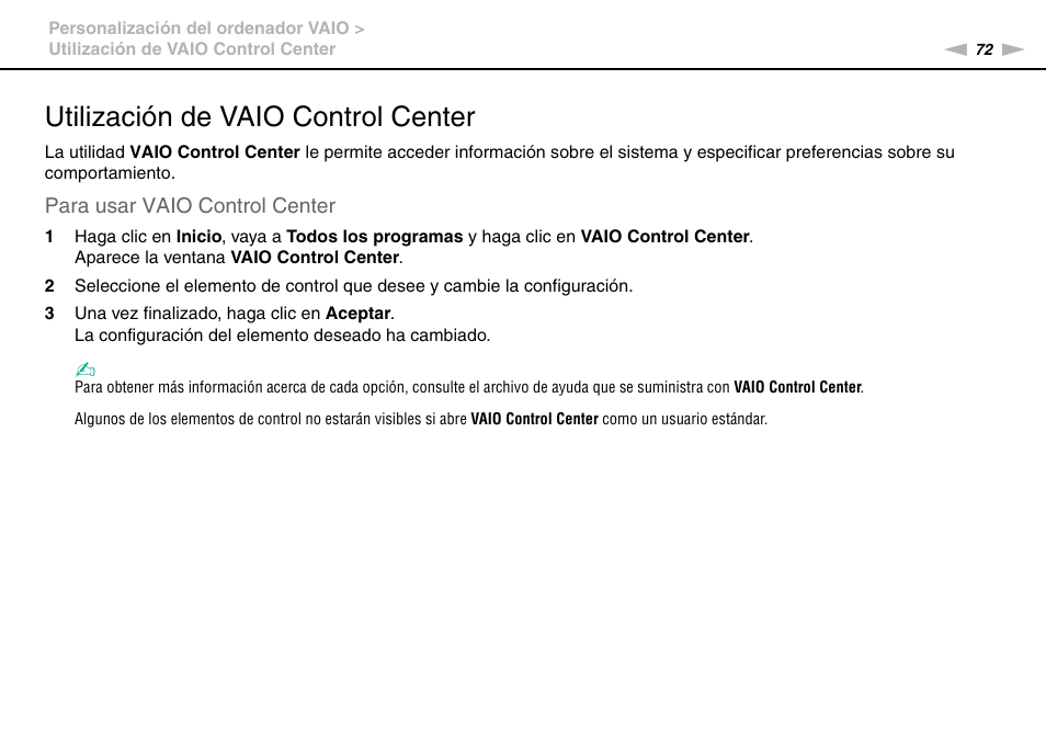 Utilización de vaio control center | Sony VPCW11S1E User Manual | Page 72 / 127