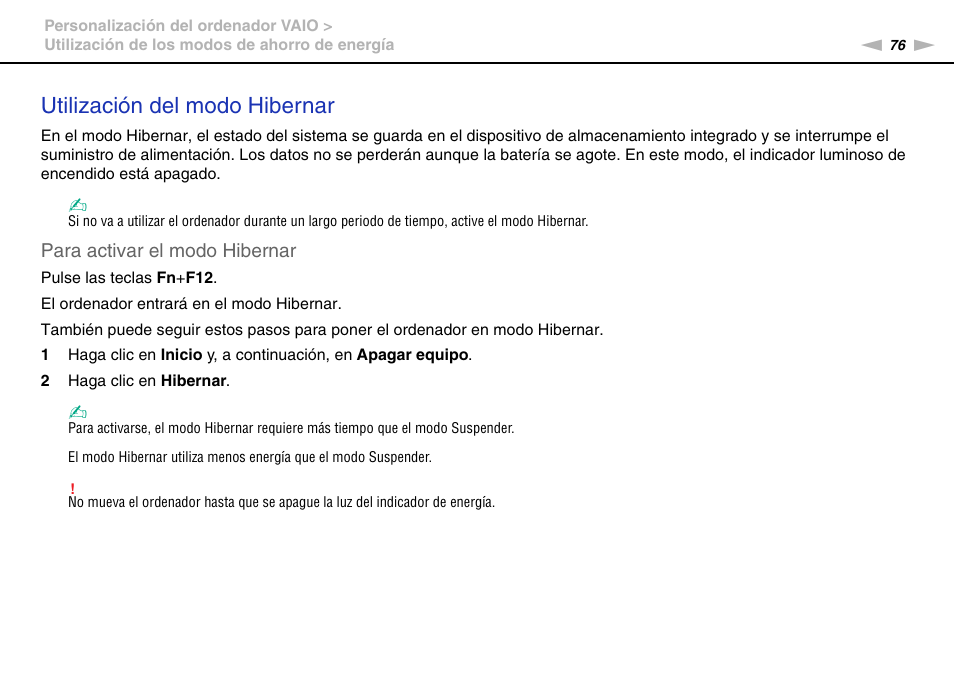 Utilización del modo hibernar | Sony VPCW11S1E User Manual | Page 76 / 127