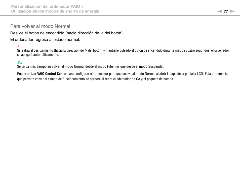 Para volver al modo normal | Sony VPCW11S1E User Manual | Page 77 / 127