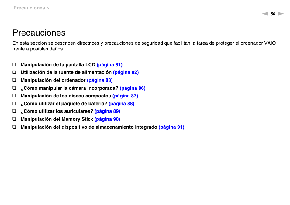 Precauciones | Sony VPCW11S1E User Manual | Page 80 / 127