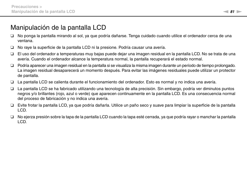 Manipulación de la pantalla lcd | Sony VPCW11S1E User Manual | Page 81 / 127