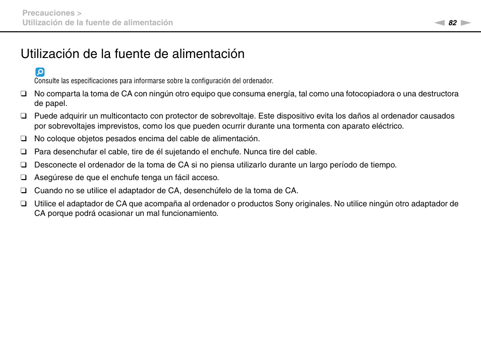 Utilización de la fuente de alimentación | Sony VPCW11S1E User Manual | Page 82 / 127