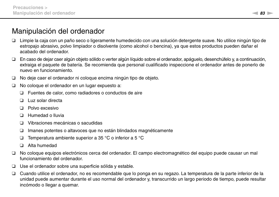 Manipulación del ordenador | Sony VPCW11S1E User Manual | Page 83 / 127