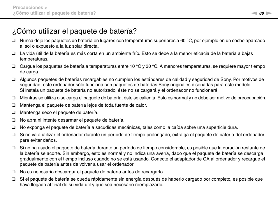 Cómo utilizar el paquete de batería | Sony VPCW11S1E User Manual | Page 88 / 127