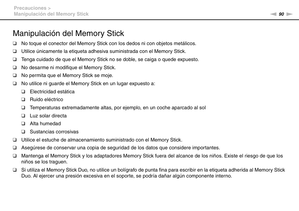 Manipulación del memory stick | Sony VPCW11S1E User Manual | Page 90 / 127