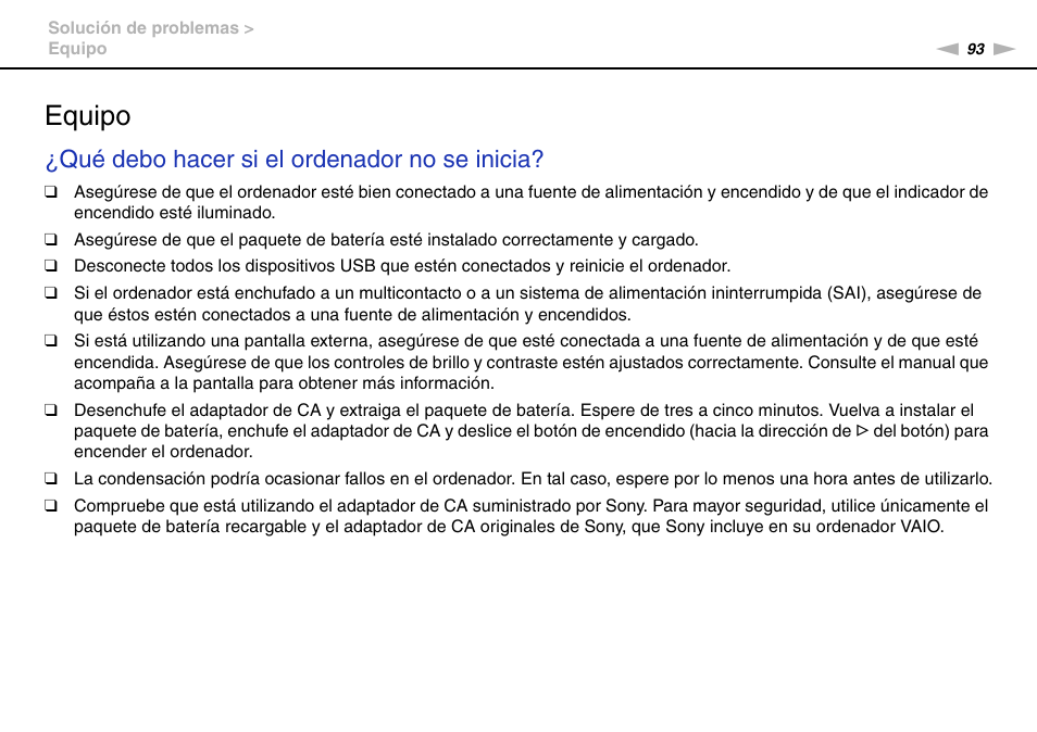 Equipo, Qué debo hacer si el ordenador no se inicia | Sony VPCW11S1E User Manual | Page 93 / 127
