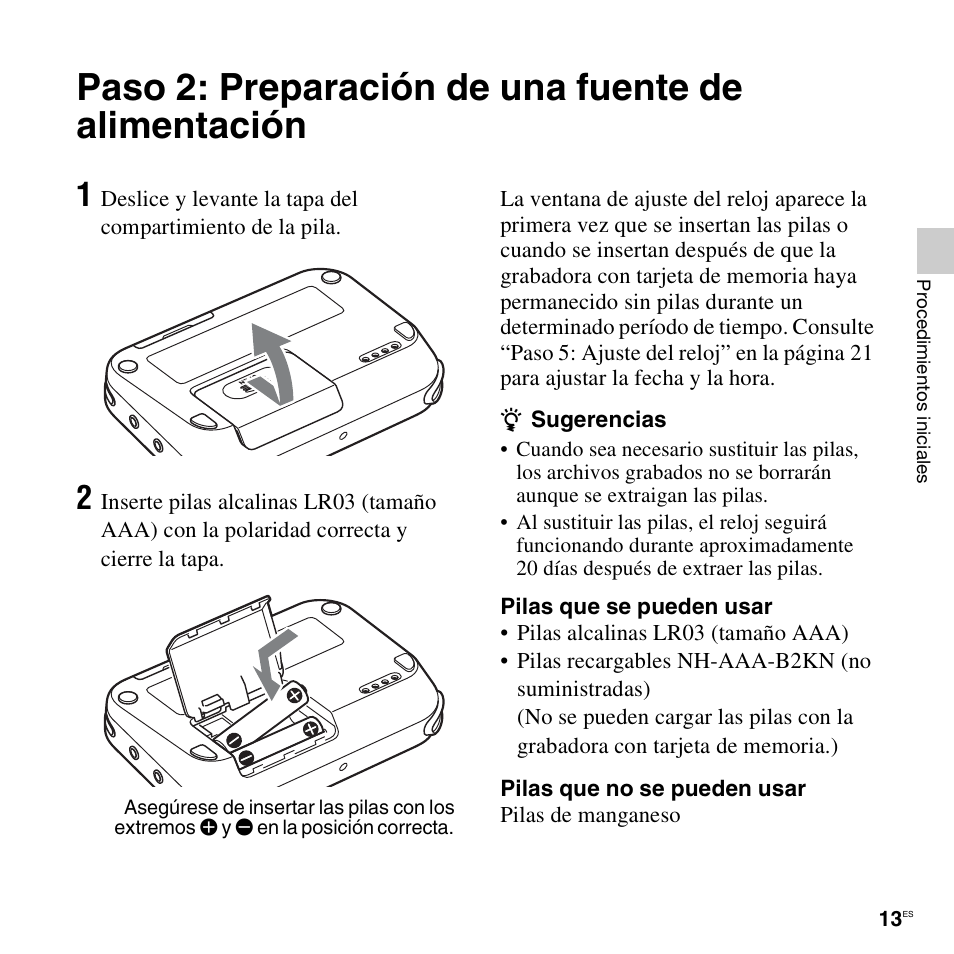 Paso 2: preparación de una fuente de alimentación | Sony ICD-LX30 User Manual | Page 13 / 63
