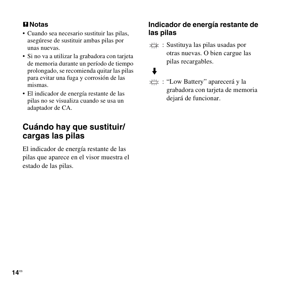 Cuándo hay que sustituir/cargas las pilas, Cuándo hay que sustituir/ cargas las pilas | Sony ICD-LX30 User Manual | Page 14 / 63