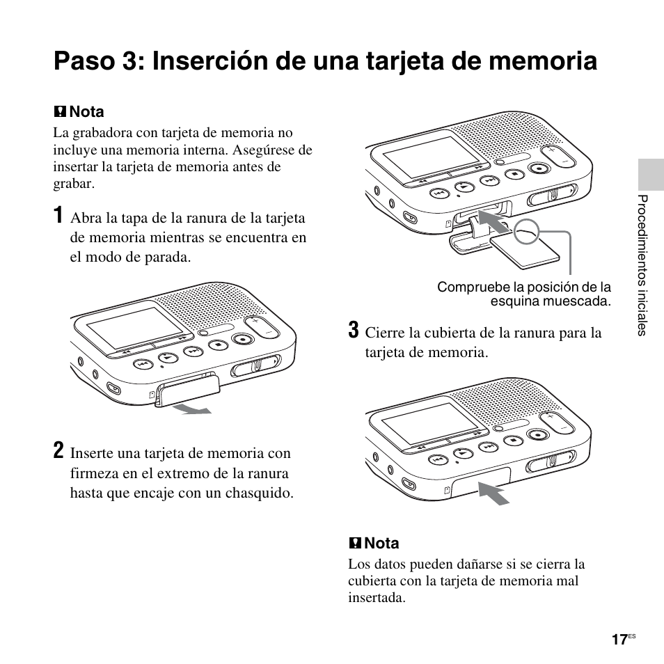 Paso 3: inserción de una tarjeta de memoria | Sony ICD-LX30 User Manual | Page 17 / 63