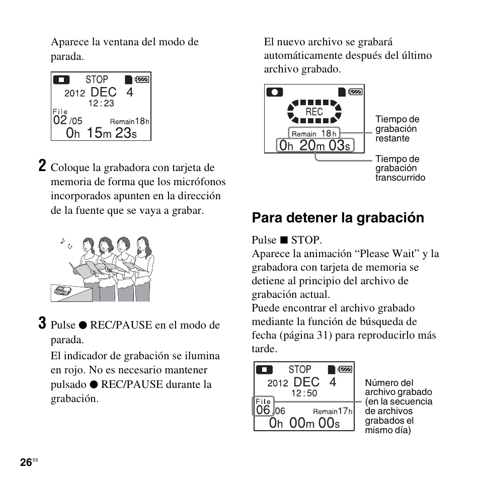 Para detener la grabación | Sony ICD-LX30 User Manual | Page 26 / 63