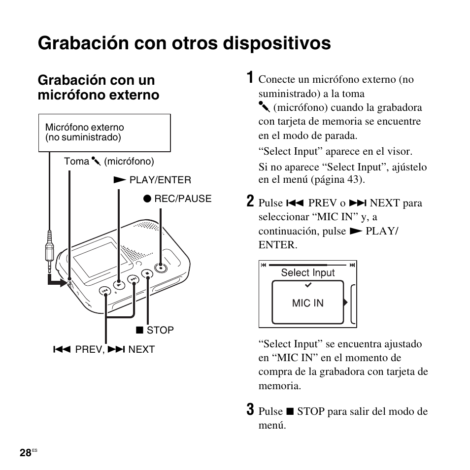 Grabación con otros dispositivos, Grabación con un micrófono externo | Sony ICD-LX30 User Manual | Page 28 / 63