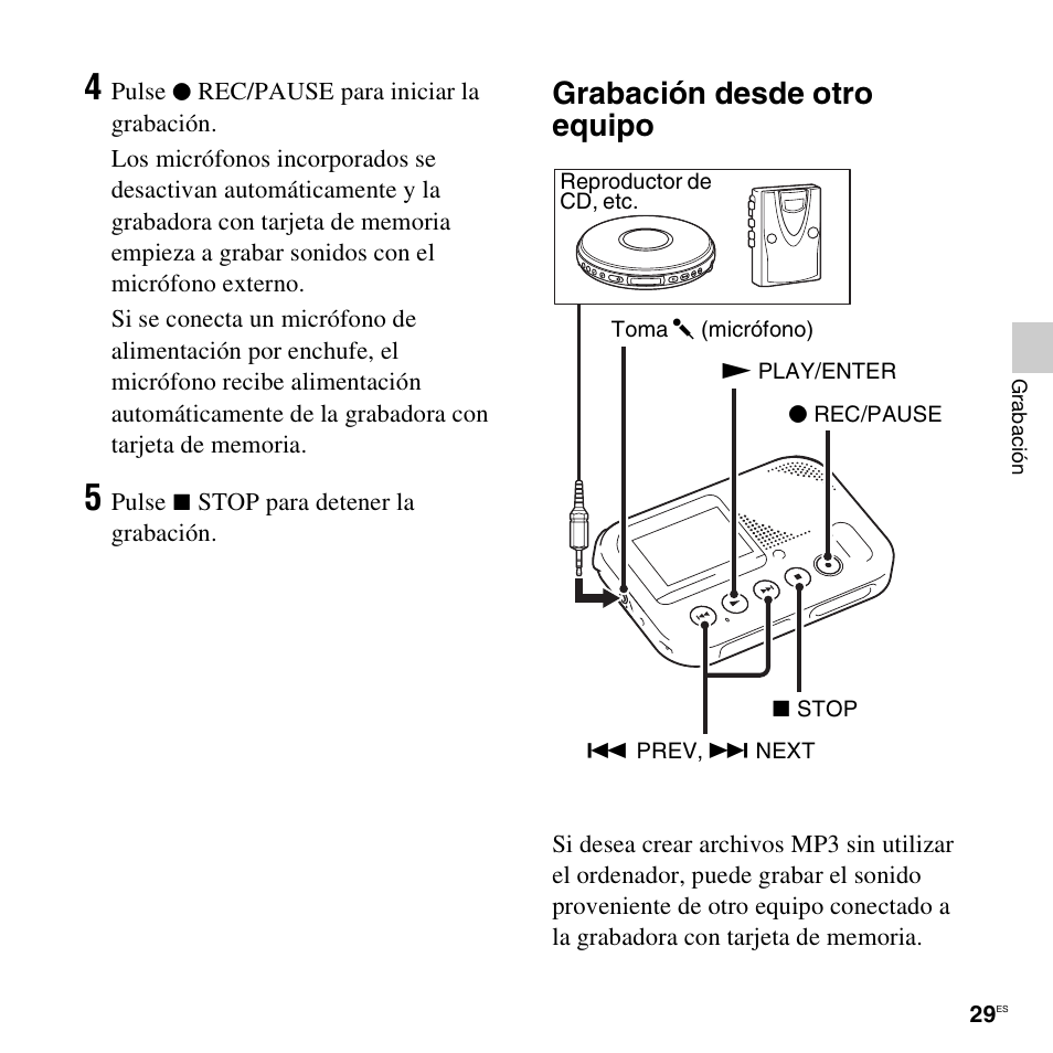 Grabación desde otro equipo | Sony ICD-LX30 User Manual | Page 29 / 63