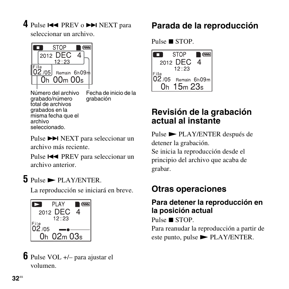 Parada de la reproducción, Revisión de la grabación actual al instante, Otras operaciones | Sony ICD-LX30 User Manual | Page 32 / 63