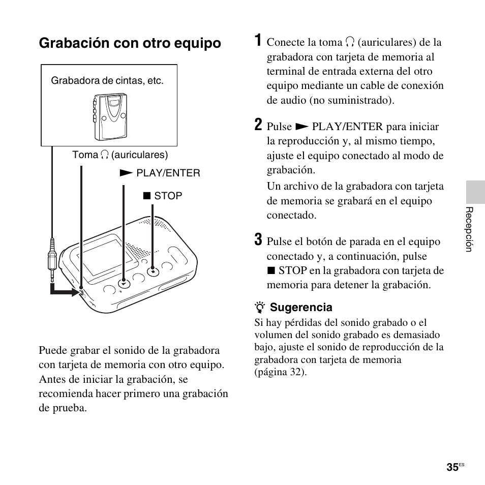 Grabación con otro equipo | Sony ICD-LX30 User Manual | Page 35 / 63