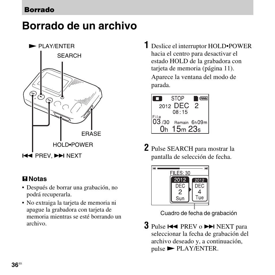 Borrado, Borrado de un archivo | Sony ICD-LX30 User Manual | Page 36 / 63