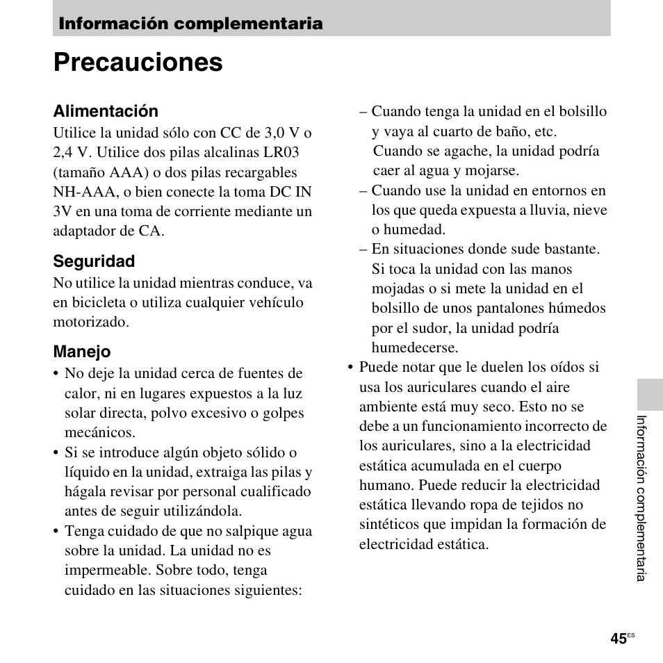 Información complementaria, Precauciones | Sony ICD-LX30 User Manual | Page 45 / 63