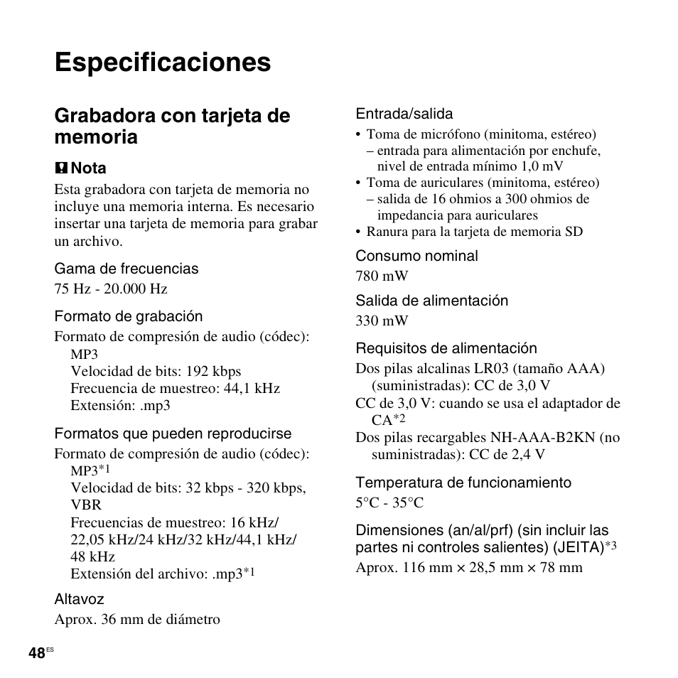 Especificaciones, Grabadora con tarjeta de memoria | Sony ICD-LX30 User Manual | Page 48 / 63