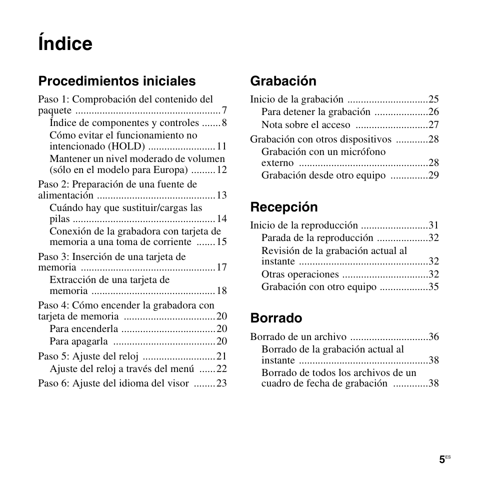 Índice, Procedimientos iniciales, Grabación | Recepción, Borrado | Sony ICD-LX30 User Manual | Page 5 / 63