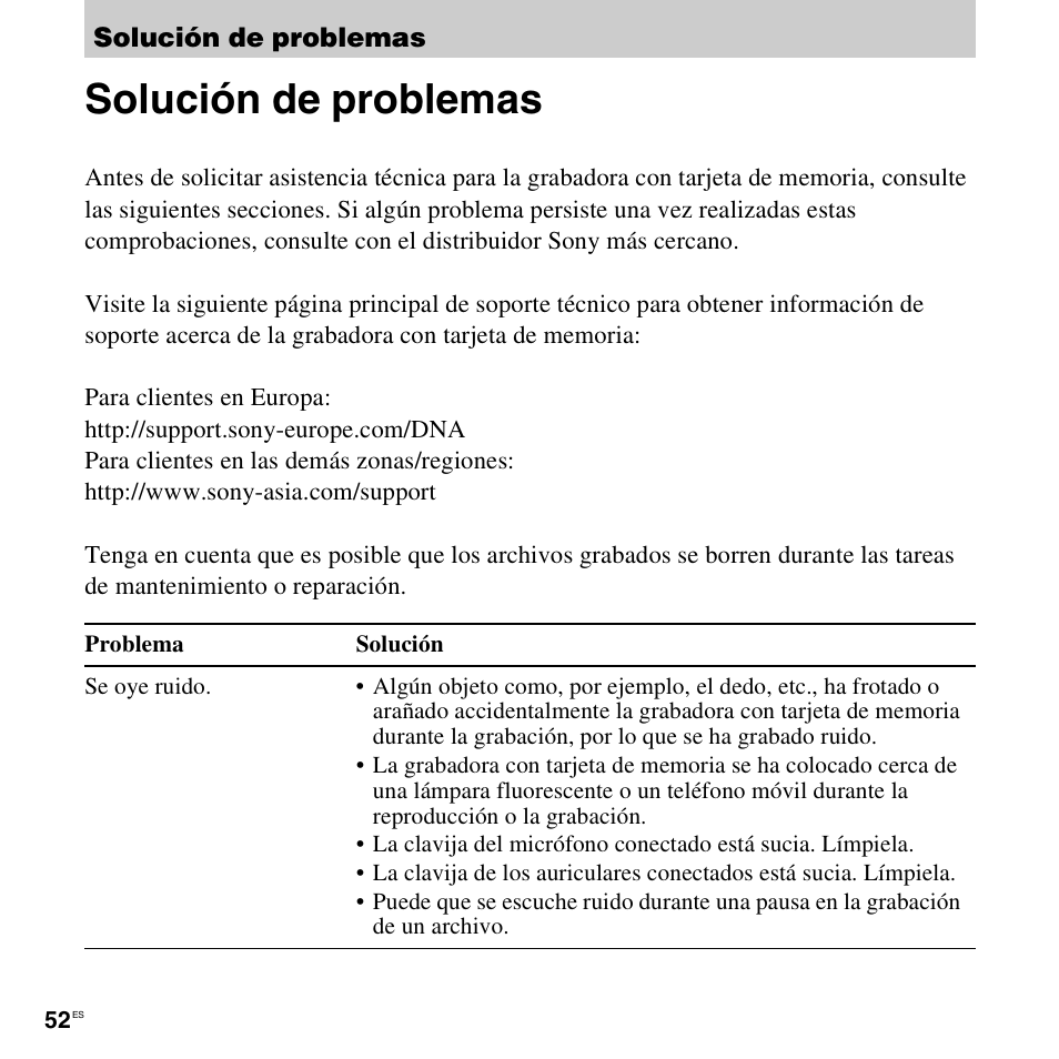 Solución de problemas | Sony ICD-LX30 User Manual | Page 52 / 63