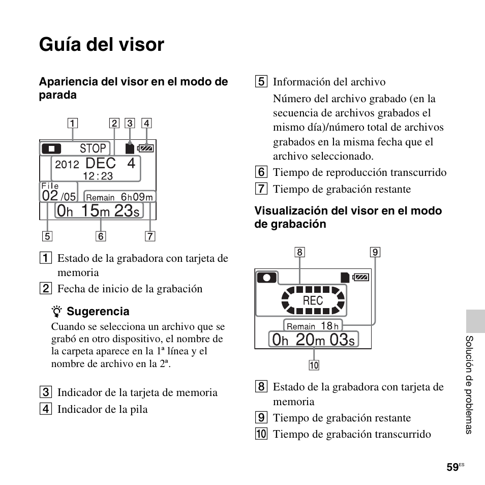 Guía del visor | Sony ICD-LX30 User Manual | Page 59 / 63