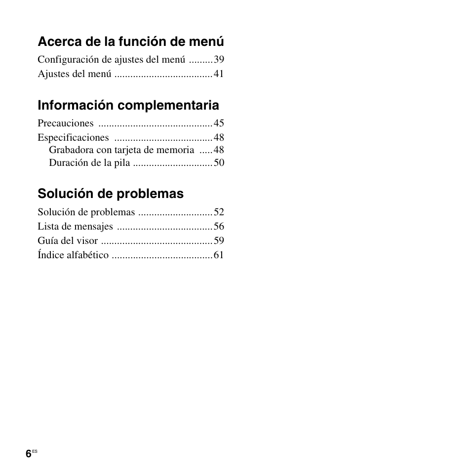 Acerca de la función de menú, Información complementaria, Solución de problemas | Sony ICD-LX30 User Manual | Page 6 / 63
