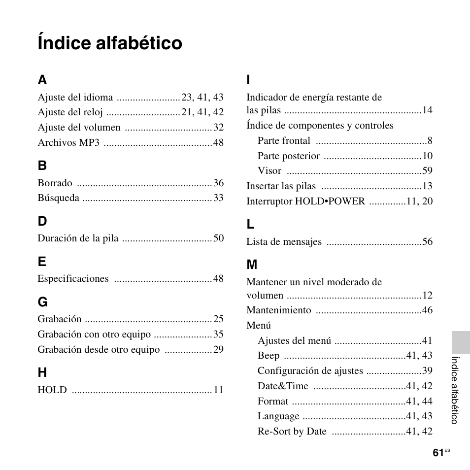 Índice alfabético | Sony ICD-LX30 User Manual | Page 61 / 63