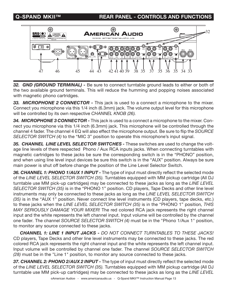 Q-spand mkii™ rear panel - controls and functions | American Audio SWITCH User Manual | Page 13 / 23